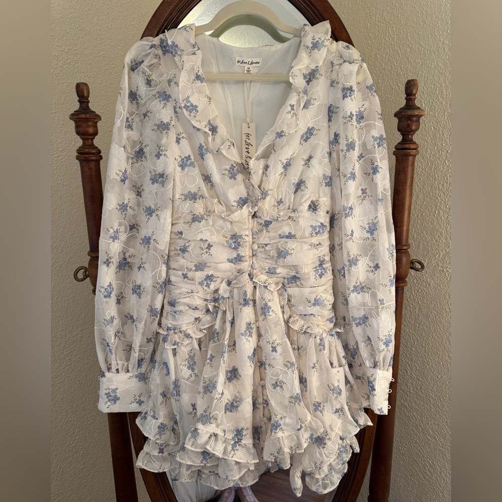 For Love & Lemons Dress with Blue Floral Pattern. Never worn, still has tags.